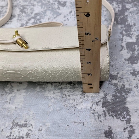 Cream Snakeskin Embossed Baguette Crossbody Bag Gold Hardware Tassel Turn-lock - Picture 12 of 13